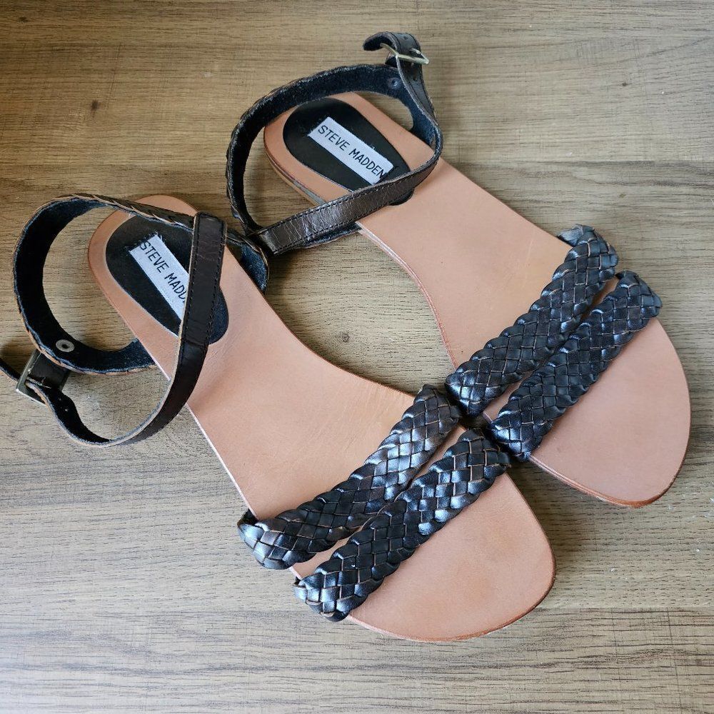 EUC STEVE MADDEN BLACK ALL LEATHER BRAIDED STRAP SANDALS SIZE 10